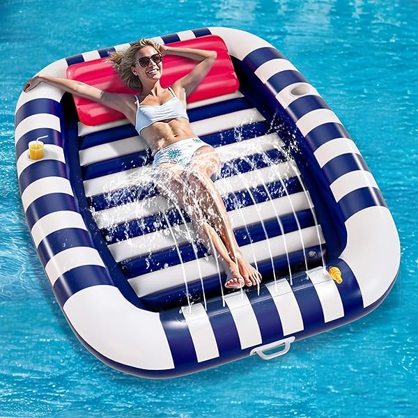 POOL WAVE INFLATABLE POOL LOUNGER FLOATS W/WATER SPRINKLER, 80″ X 66″ LARGE TANNING BED FOR ADULT KIDS, OUTDOOR SUN BATHING FLOATING BLOW UP RAFT W/PILLOW, SUMMER BEACH LAKE FAMILY PARTY GIFT – BLUE