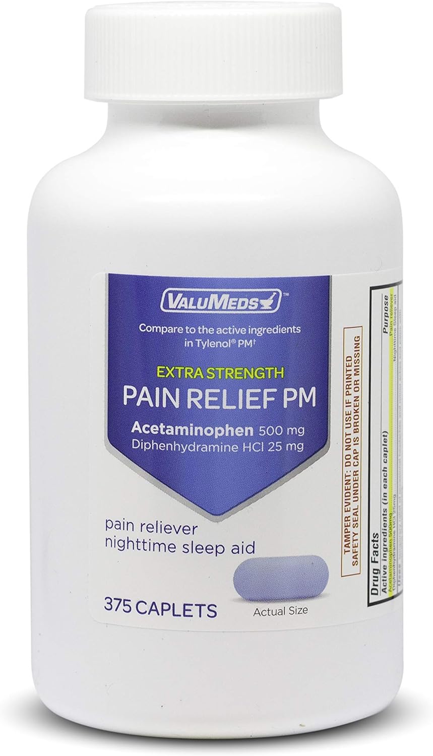ValuMeds PM Pain Reliever and Nighttime Sleep Aid (375-Caplets) Acetaminophen 500mg | Fast-Acting Relief for Headaches, Minor Aches | Non-Habit Forming: Health & Personal Care