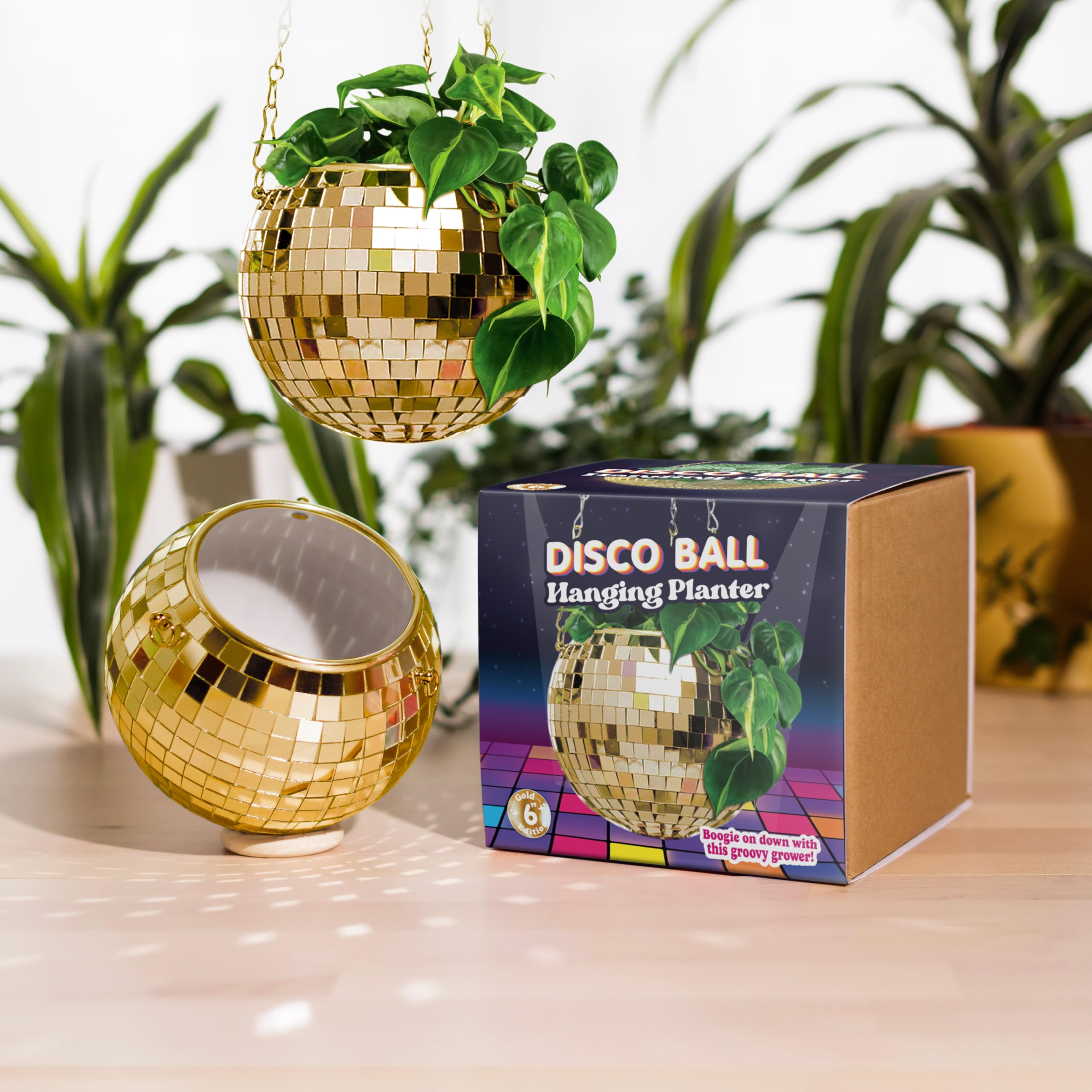 Bubblegum Stuff - Gold Disco Ball Hanging Planter - Hanging Basket For Indoor Plants, Gold Chain & Rim, Herb Planter, Boho Decor - Room Decor 6 inch