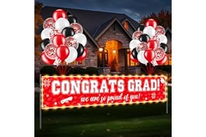 RAGNHILD 37Pcs Graduation Banner Balloon Decorations Class of 2024, Congrats Grad Banner with LED Light Yard Outdoor Decorations, Graduation Banner Set for High School College Graduation Party Supplies, Red