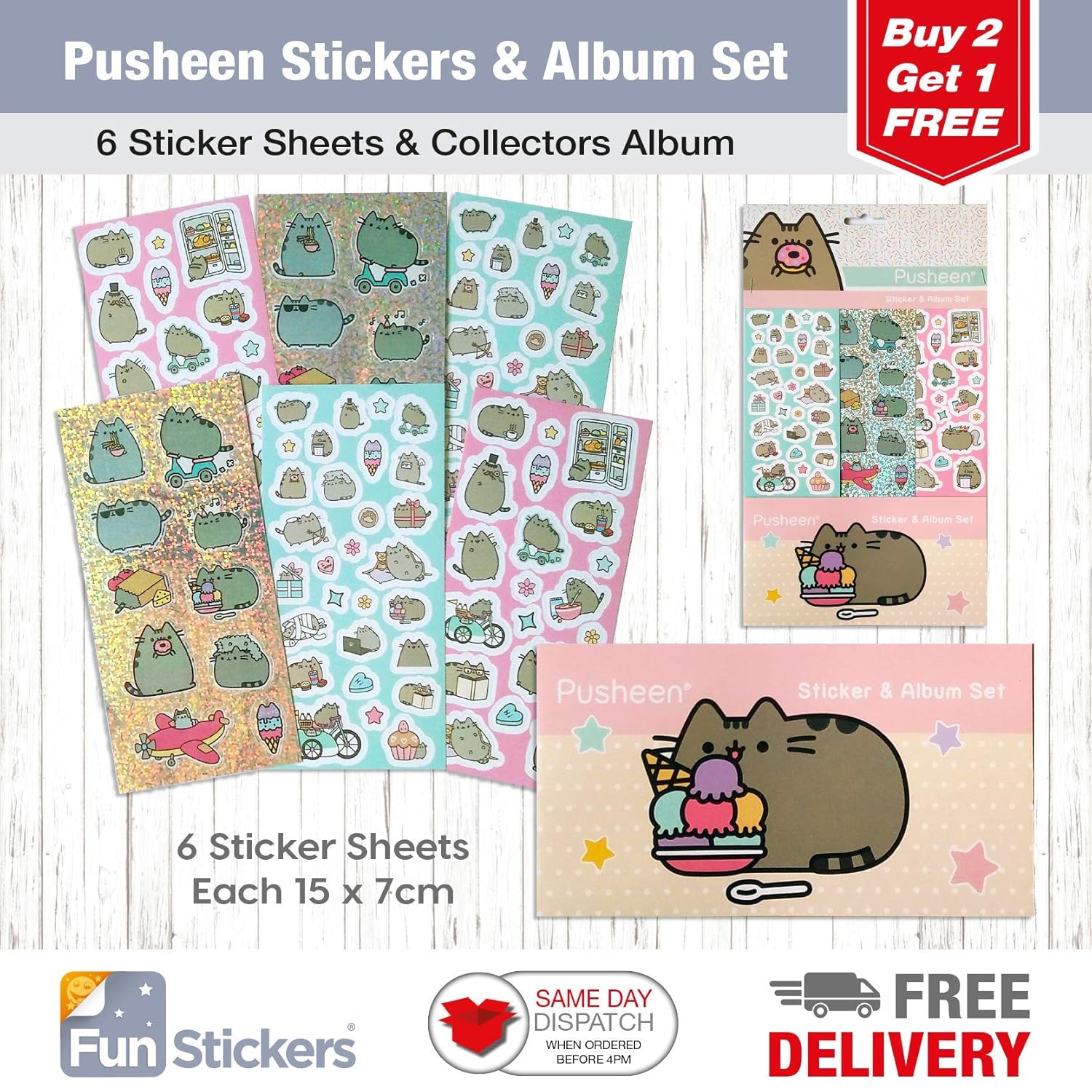 6 Sheets Pusheen Stickers Each Sheet 14 x 7cm with Sticker Album ...