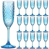 Remerry 16 Pcs Blue Plastic Champagne Flutes Vintage Champagne Glasses Bulk 5.5oz Mimosa Toasting Glasses Diamond Crystal Wine Cups Stemmed Reusable Drinking Cups for Christmas Winter New Years Party