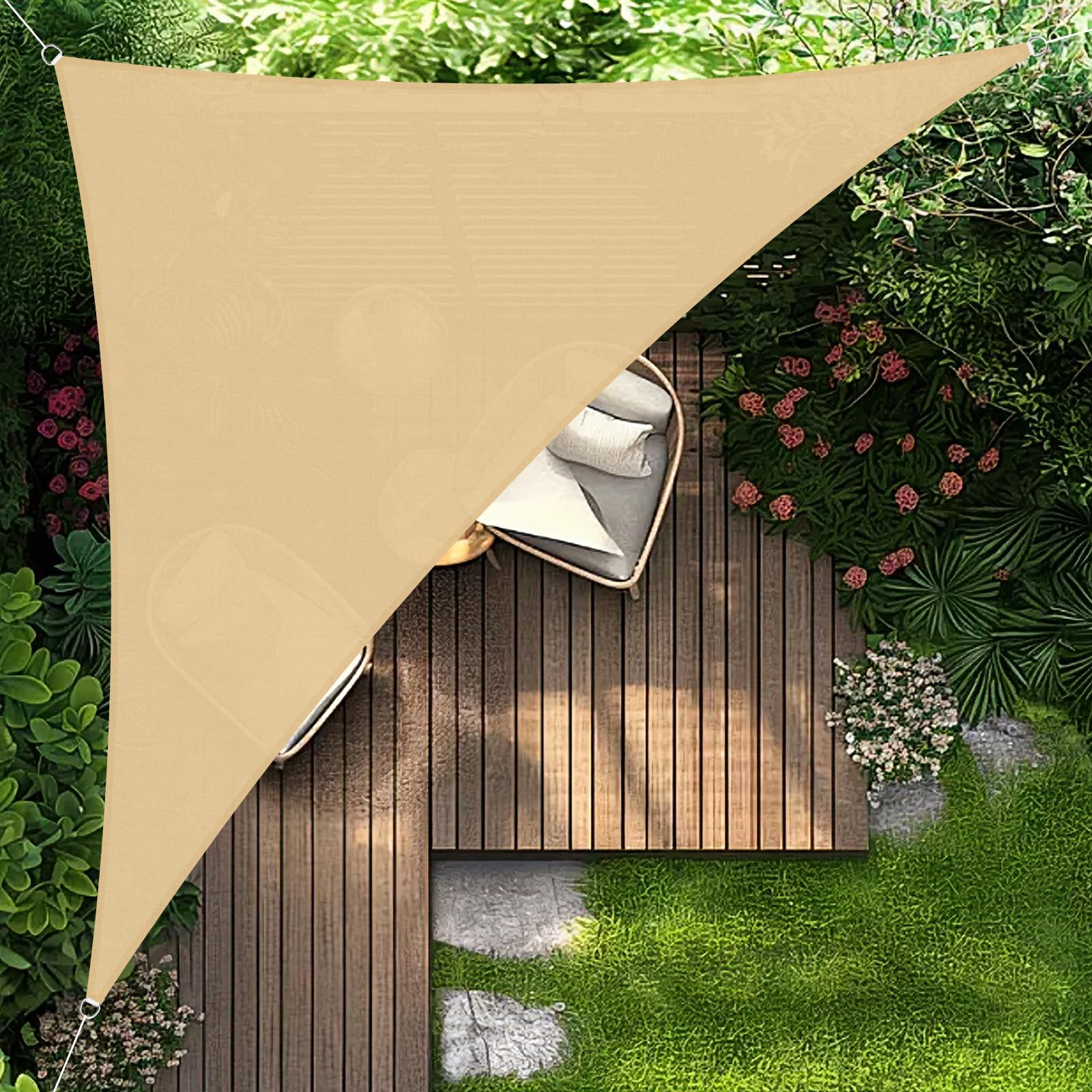 HENG FENG Sun Shade Sail Triangle 5x5x7m Waterproof PES Polyester Canopy Awning Sunscreen with 95% UV Block for Outdoor Patio Garden Sand