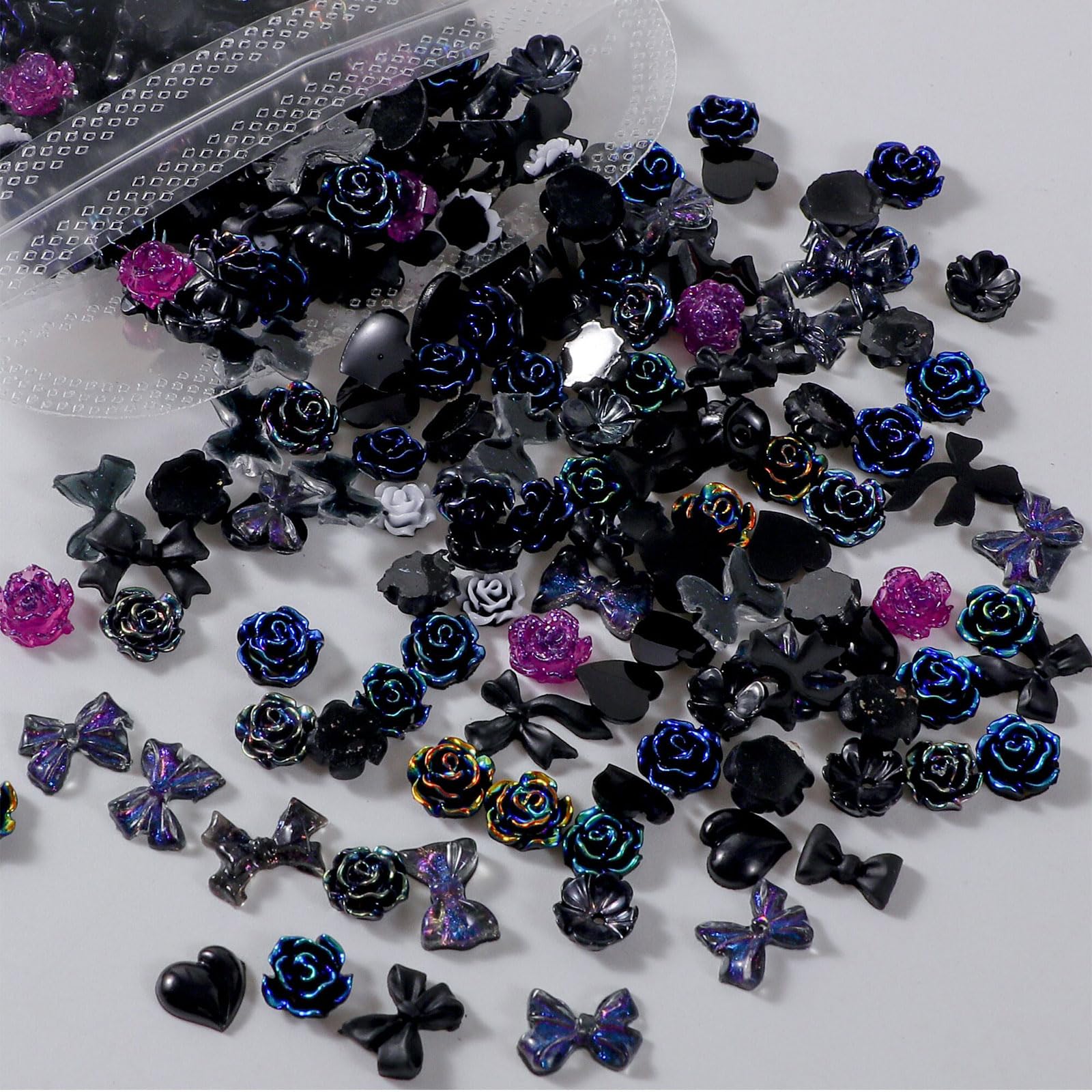 Multishape Nail Charms - 400 Pcs 3D Resin Nails - Bow, Flower, Bear, Heart Shapes - Black