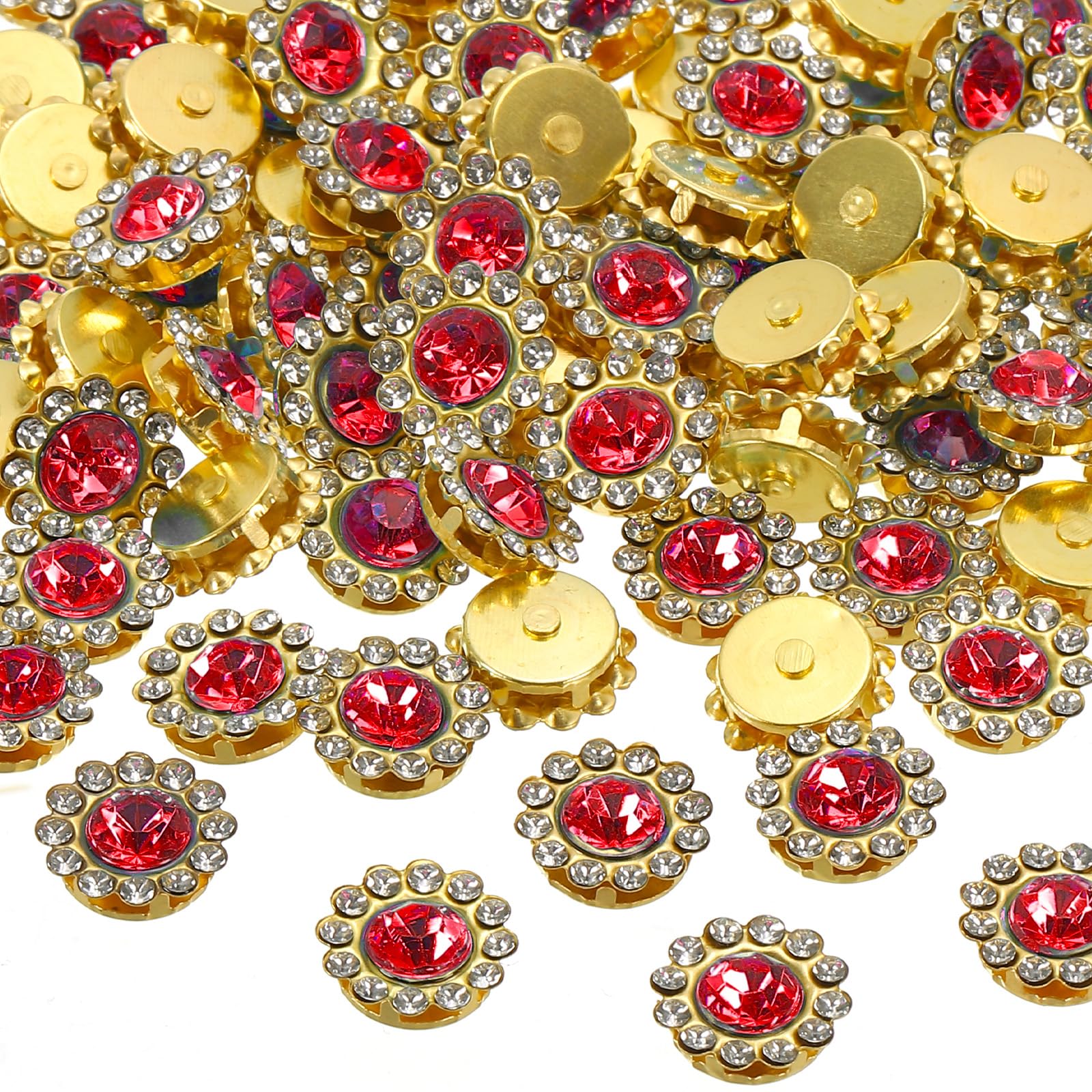 PATIKIL 12 mm Flower Claw Sew on Pearls Rhinestones, 100 Pcs Crystals Glass Metal Base Flower Claw Gems Crystals for DIY Crafts Shoes Dress Clothes Earring Belt Sewing Accessories, Red