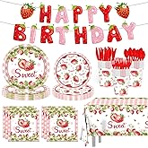 142 Pcs Strawberry Birthday Decorations Berry First Birthday Decorations Strawberry Themed Plates Cups and Napkins Sets Serves 20