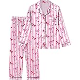 Nidoul Girls Pajamas Satin Pajama Set Silky Bow Pjs Long Sleeve Button Down Sleepwear Loungewear Sets for Big Kids 7-14Y
