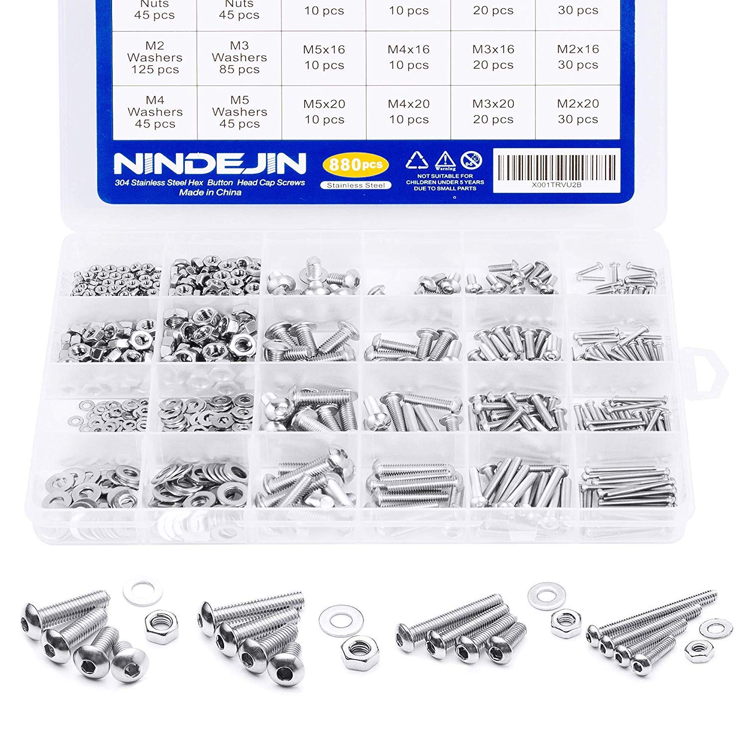 NINDEJIN 880Pcs Nuts and Bolts Set, Hex Socket Button Head Screws M2 M3 M4 M5 Bolts and Nuts Assorted Kit, 304 Stainless Steel Fully Threaded Fastener Hex Bolts and Nuts Assortment Kit with 4 Wrench — image 1