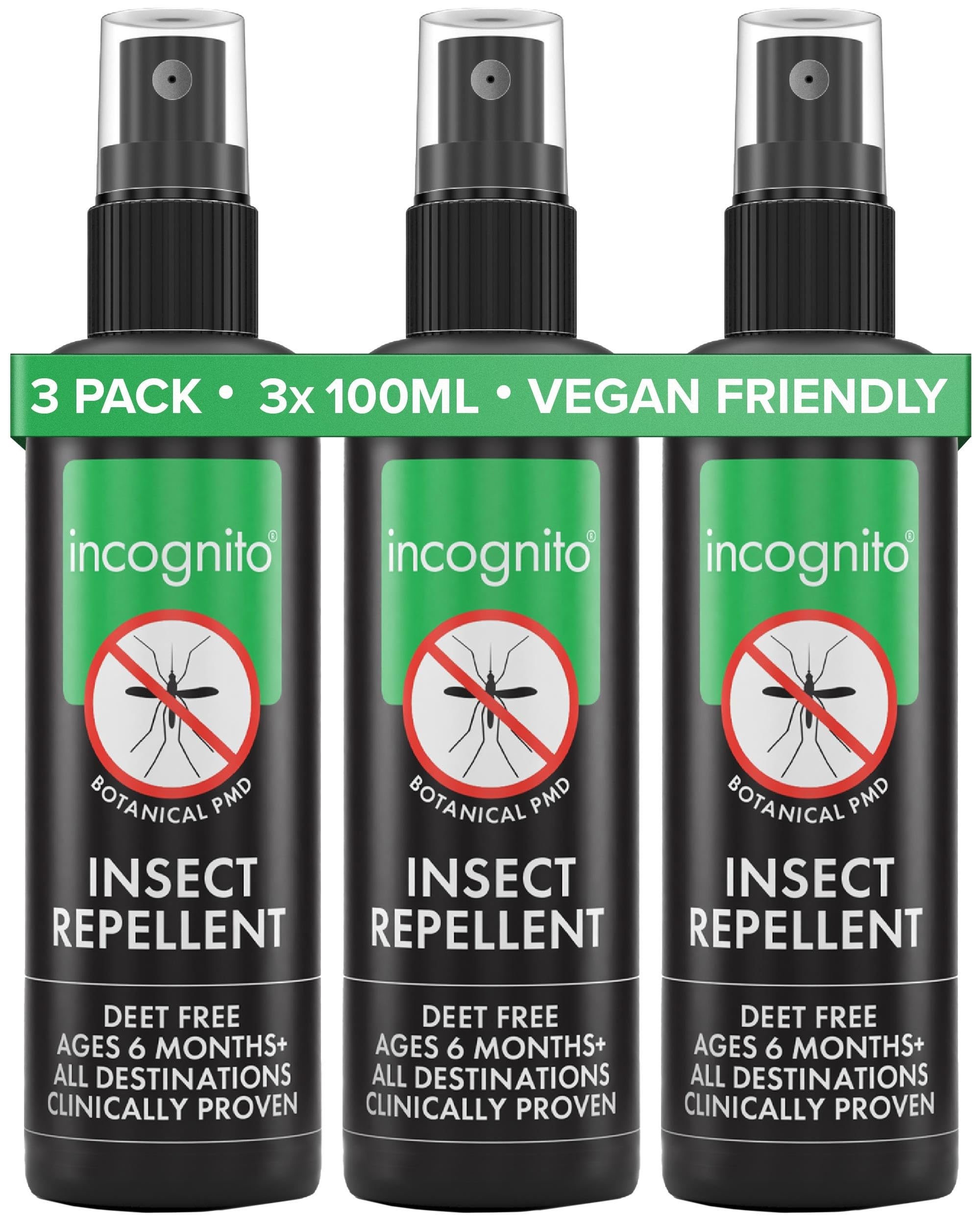 Incognito Insect Repellent Spray - 3x100ml - Travel-Sized Natural DEET Free Formula - Protects for Up to 7 Hours - Shields from a Wide Range of Biting Insects - Travel Friendly Organic Mosquito Repellent