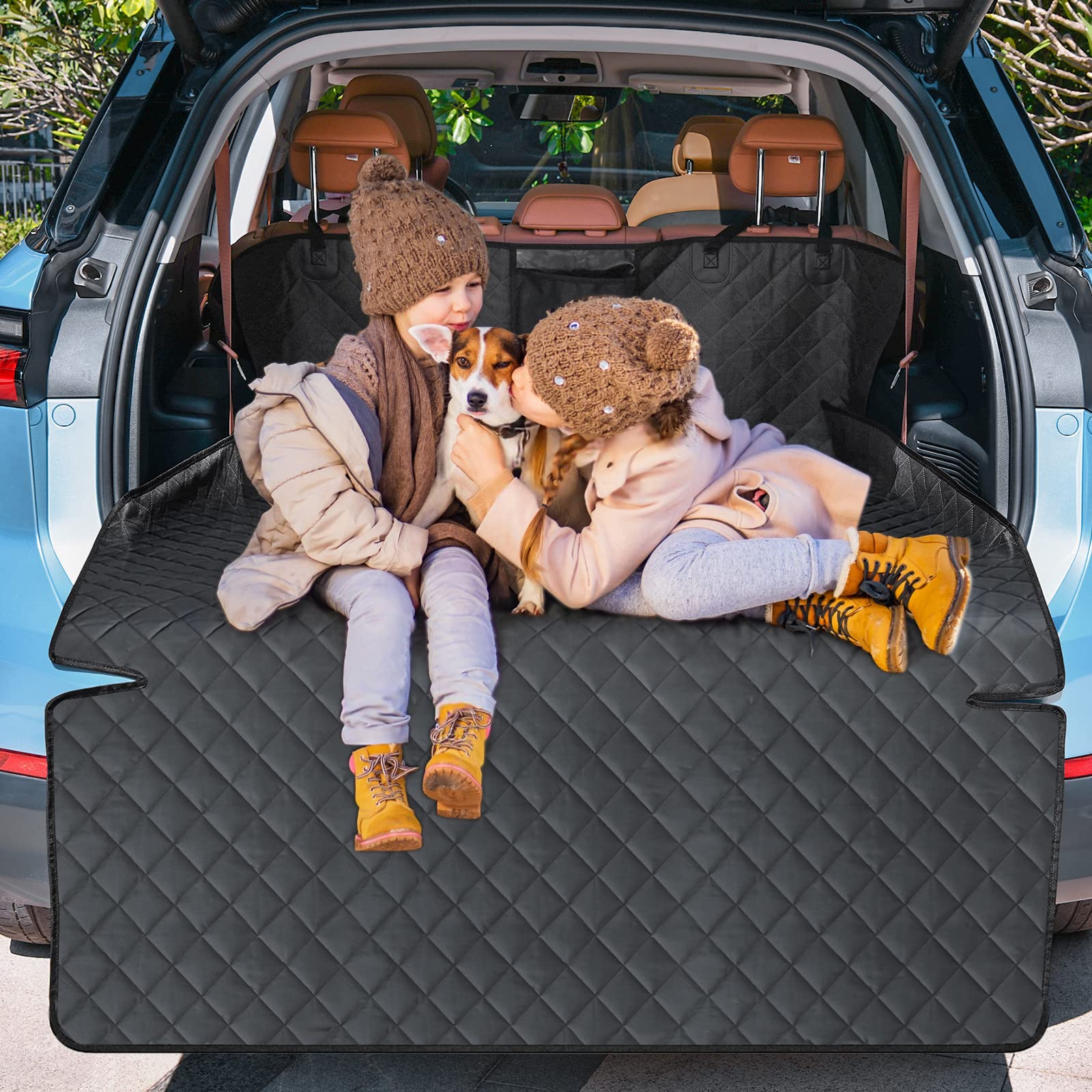 Portin Large Cargo Liner Pet Trunk Liner Mat SUV Dog Cargo Cover, Waterproof Dog Seat Cover for Back Seat Trucks SUV with Bumper Flap Protector, Nonslip Dog Seat Cover 220 x 135cm (Black, Large)