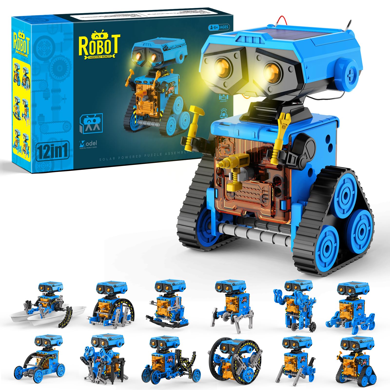 OMWay Solar Robot Toys, STEM Gifts for Boys Aged 8-12, 12-in-1 Educational Experiment DIY Science Kits, Engineering Building Robotic Set for Kids Teens 9 10 11 with 228 Pieces, Blue