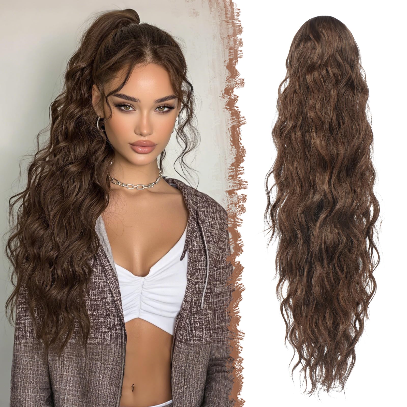 FESHFEN Long Curly Wavy Drawstring Ponytail Extensions Clip in Wavy Synthetic Hairpieces Brown Drawstring Ponytail Curly Hair Piece Pony Tail Extension for Women, 26 inch — image 1