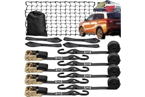 GULREAR Ratchet Straps Tie Down Kit with Pickup Truck Cargo Net 1800lb Break Strength Heavy Duty Cargo Ratchet Straps for Motorcycle Trucks Moving Bungee Cargo Net to Provide Additional Secure to Safe Travel