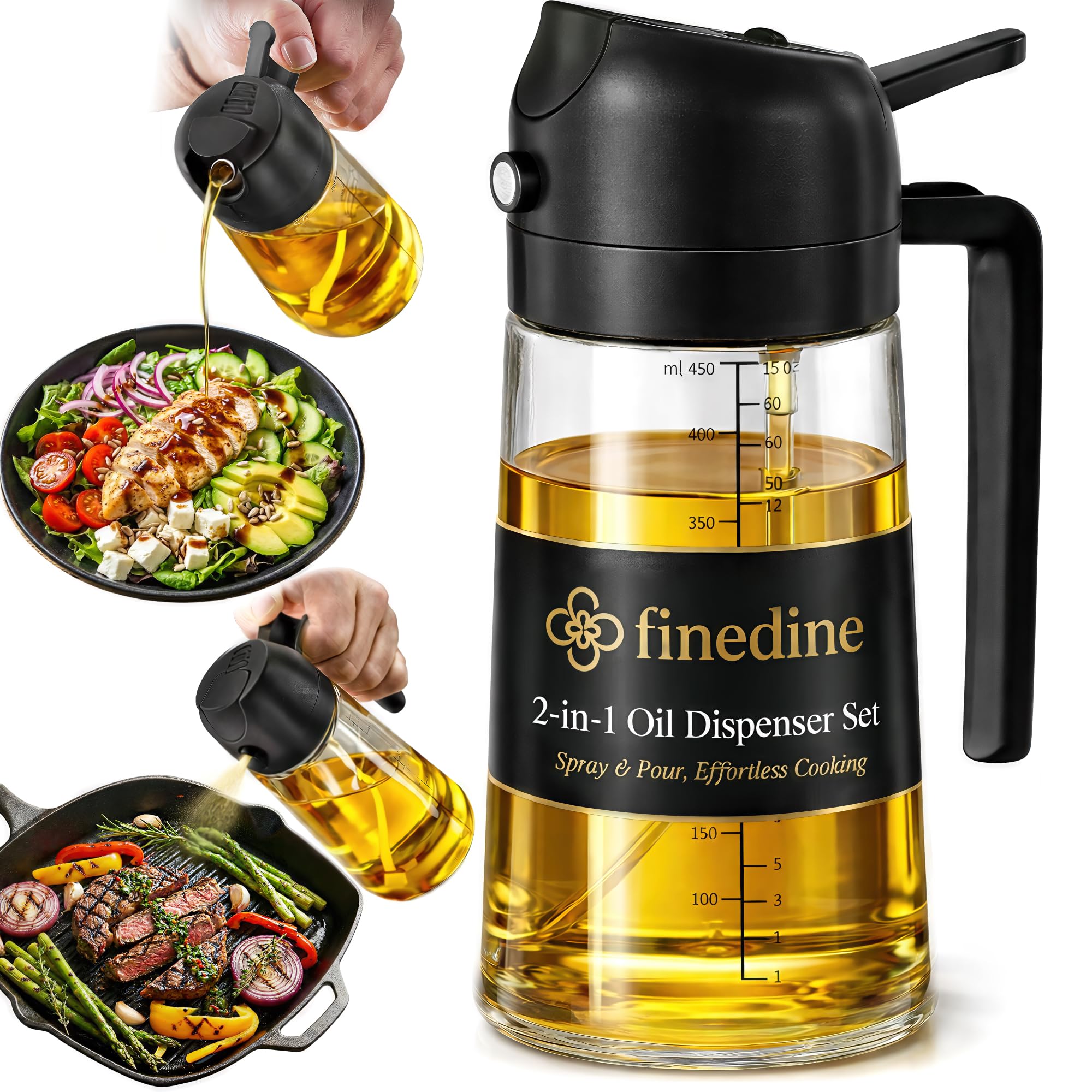 Photo 1 of FineDine 16oz Olive Oil Sprayer for Cooking, 2 in 1 Olive Oil Dispenser Bottle for Kitchen, Air Fryer, Salad, BBQ & Baking – Dual Spray Mist & Stream, with Measurement Marks, Black