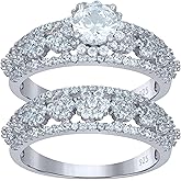 Jewels By Lux Sterling Silver Womens Cubic-Zirconia Flower Duo Bridal Anniversary Wedding Engagement Band Ring Set