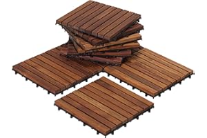 Bare Decor EZ-Floor Interlocking Flooring Tiles in Solid Teak Wood Oiled Finish Set of 10, Long 9 Slat