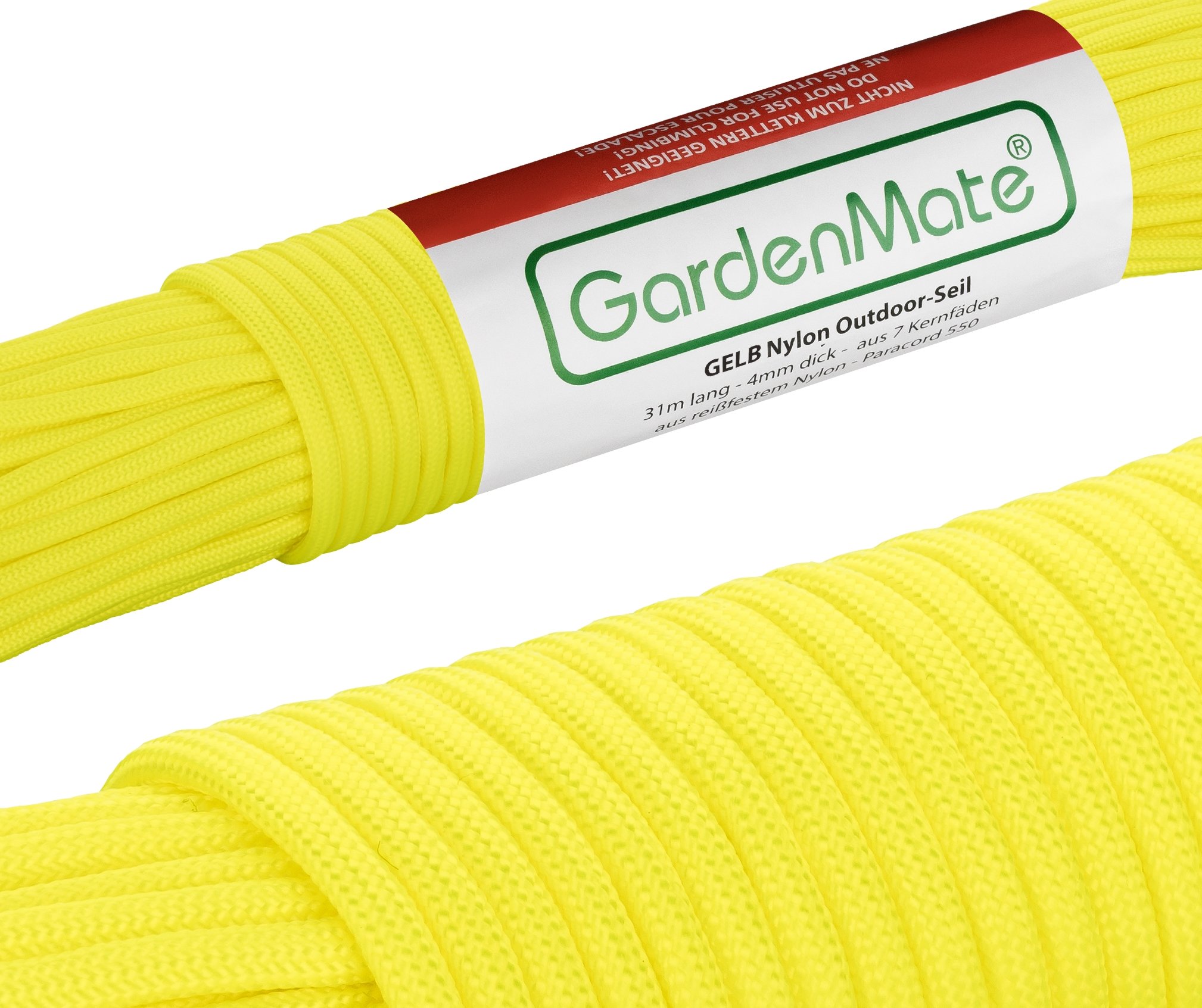 GardenMate Professional Nylon Outdoor Rope, Paracord 550, 31m Long, 4mm Thick, Tear-Resistant Kernmantle Rope with 7 Core Strands, Yellow