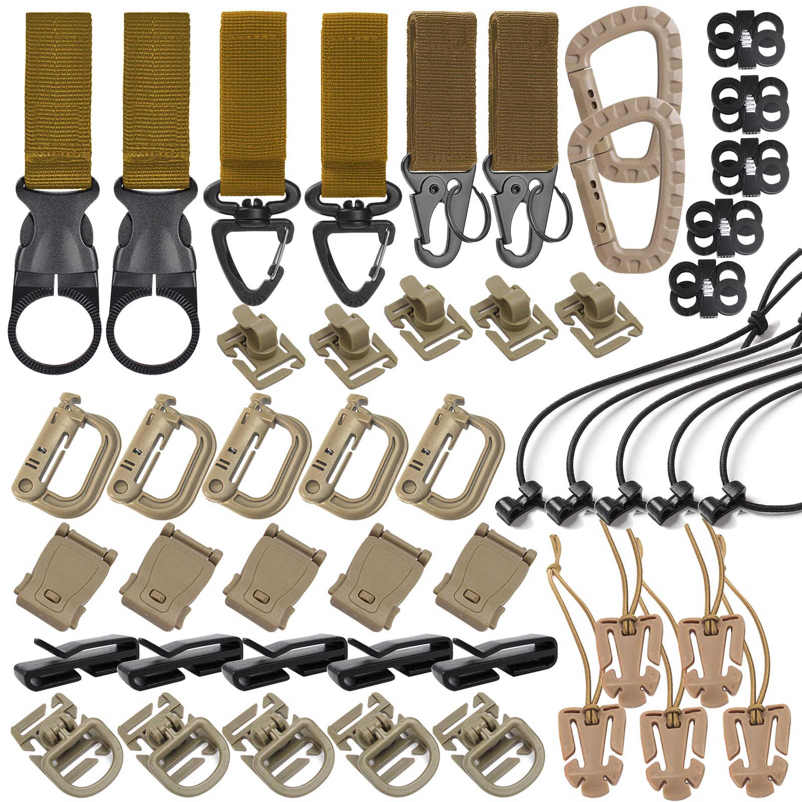 48PCS Tactical Gear Clip Set Molle Webbing Attachments for Backpack Bag Vest Belt with Nylon Strap Hook, D Ring Grimlocks Locking, Web Dominators, Elastic Strings and Molle Accessories (khaki)
