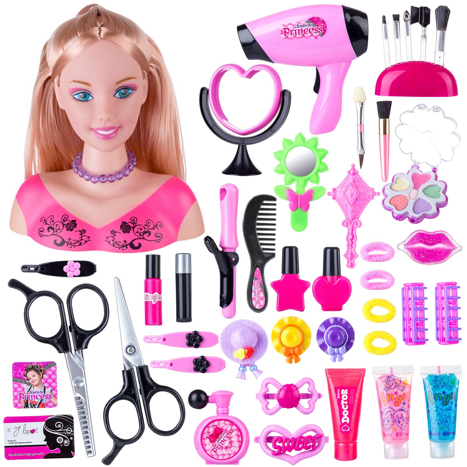 Photo 1 of KonHaovF Kids Doll Head for Hair Styling and Make Up, Practice Makeup Doll with Hair Dryer, Accessories (Pink)