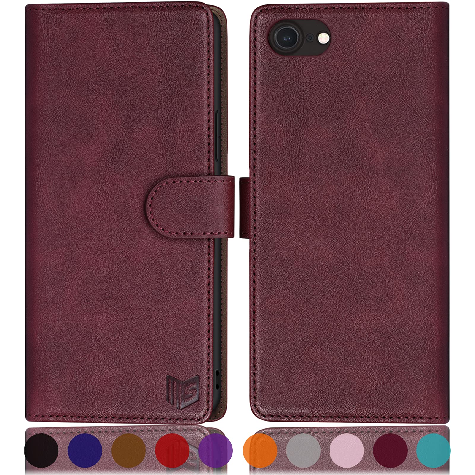 SUANPOT for iPhone 7/8/SE 2020/SE 2022 4.7 Inch case with [Credit Card Holder][RFID Blocking],PU Leather Flip Book Protective Cover Women Men for apple SE Phone case Wine Red