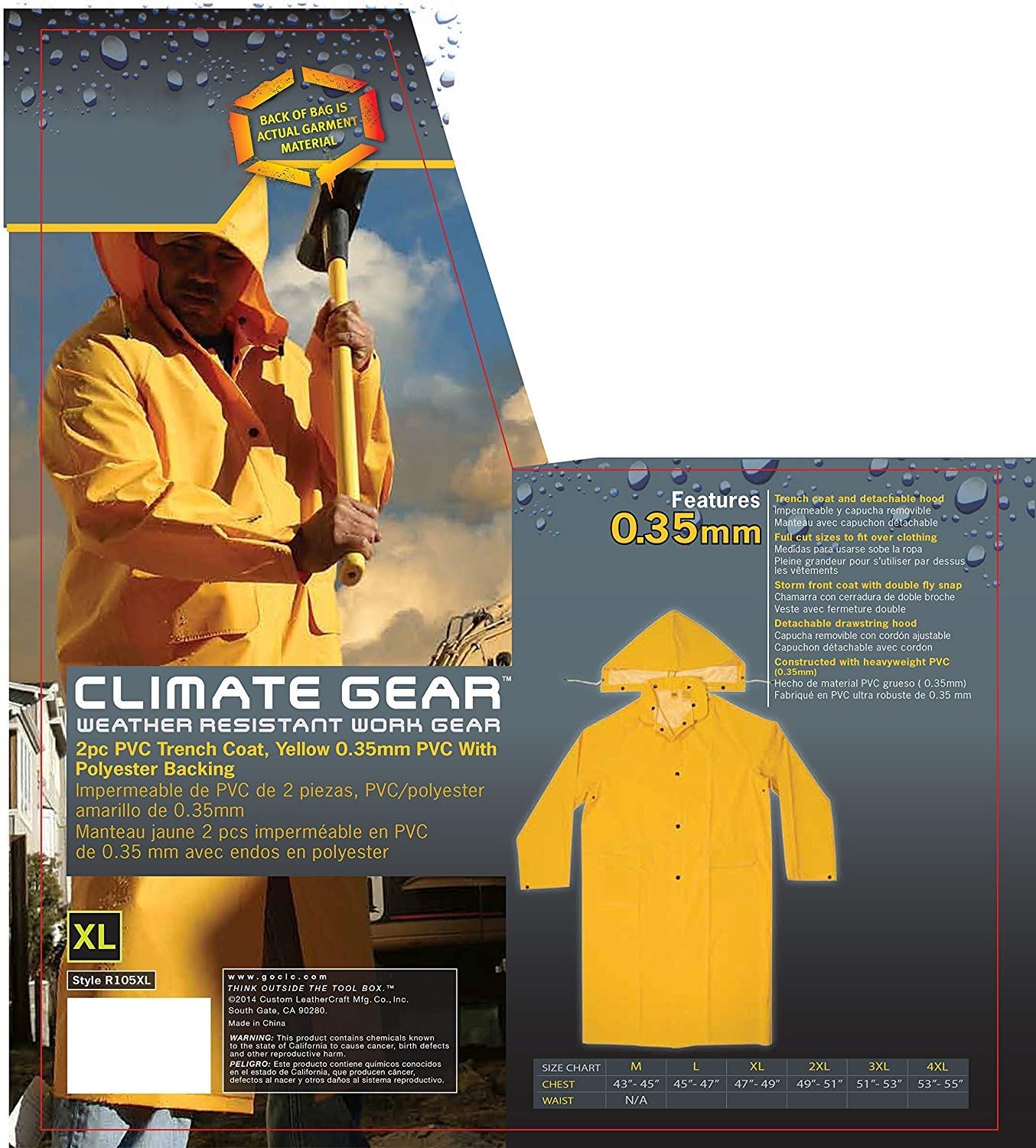 CLC Custom Leathercraft Rain Wear R105M .35 MM PVC Trench Coat, Medium,Yellow: Home Improvement