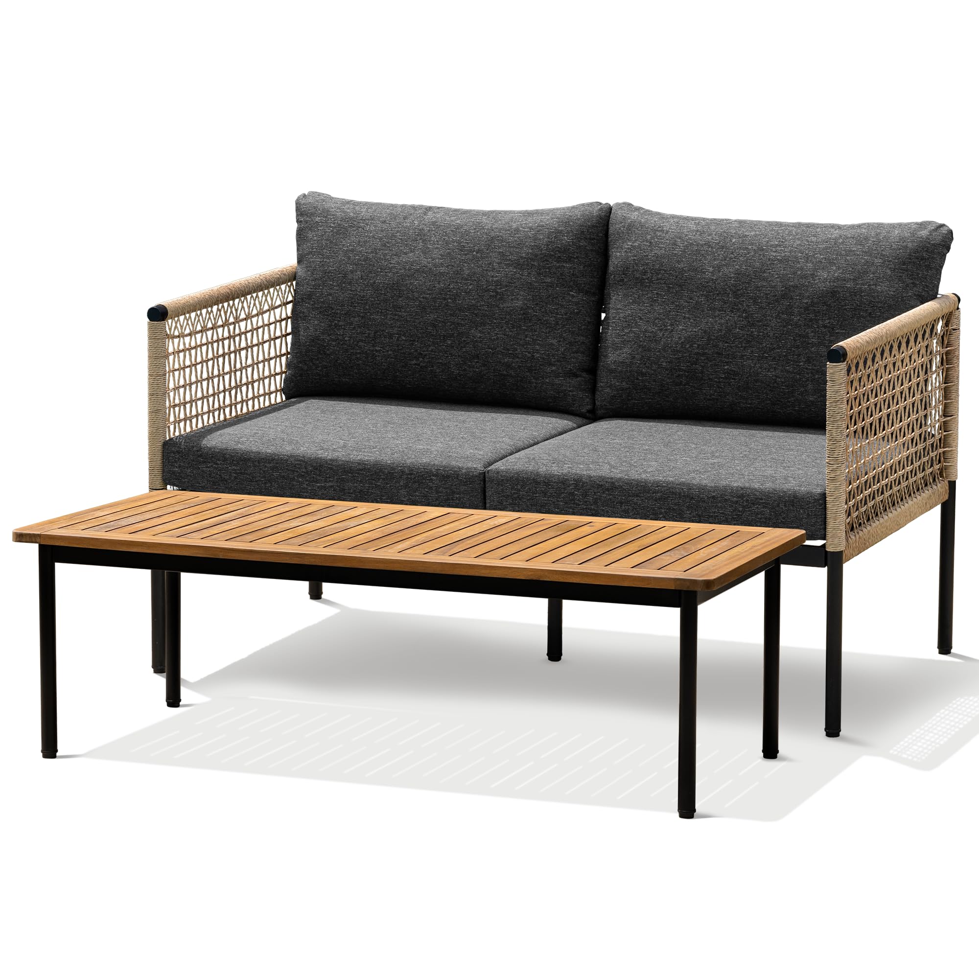 Idzo Oscar Wicker Metal Loveseat with Coffee Table – Black, 2-Seater Outdoor Sofa Set for Small Patios, Balcony or Garden, Heavy-Duty Love Seat Couches for Relaxing and Entertaining Image