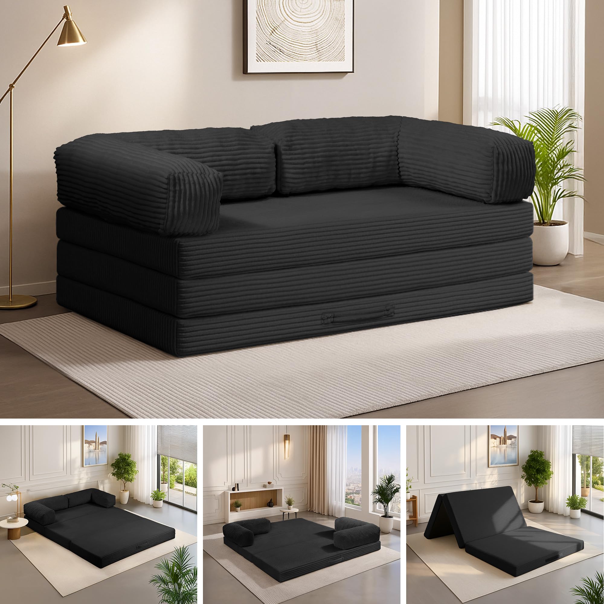 Photo 1 of 5-in-1 Convertible Sofa Bed,60" Boneless Couch Tri Folding Floor Mattress with Removable L-Shaped Armrests & Handle,Corduroy Futon Couch Sleeper with Pull Out Bed for Living Room Bedroom Apartment