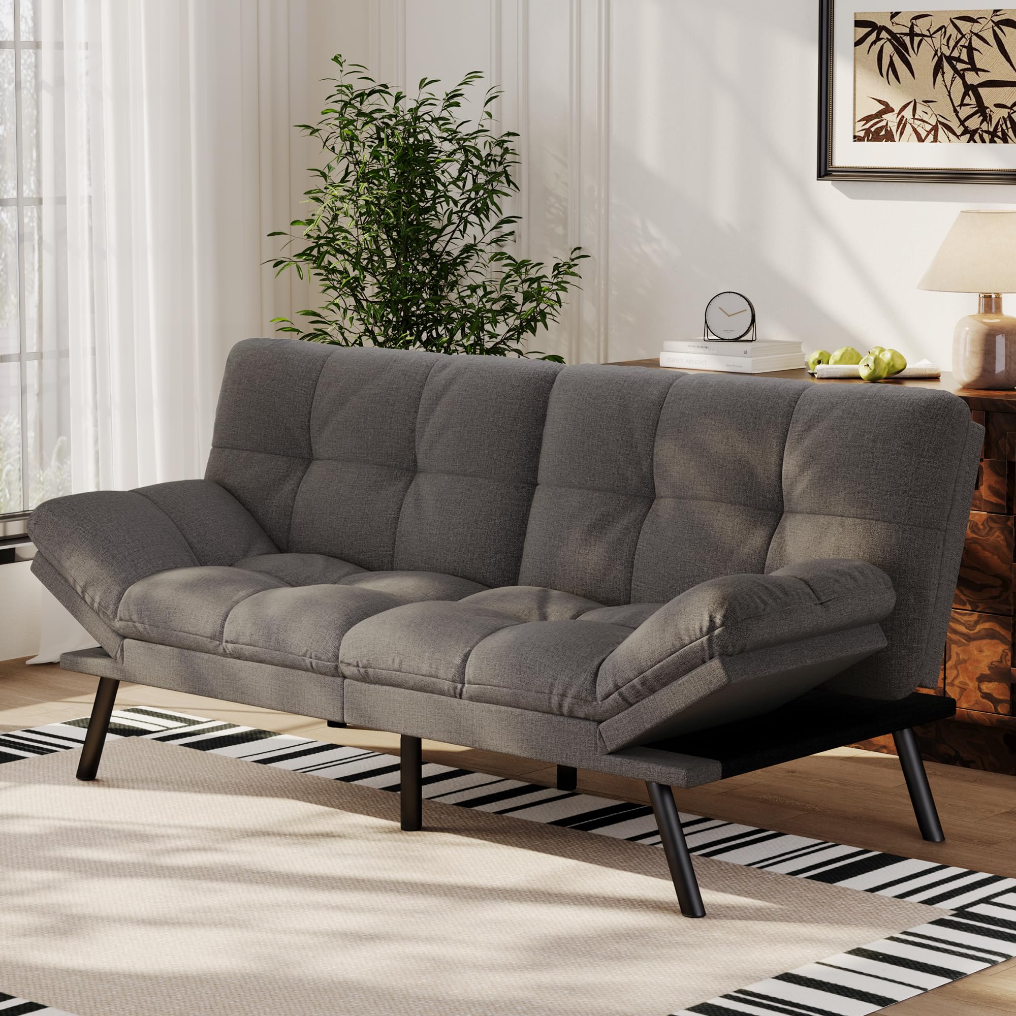 Photo 1 of Vipbear 71" Convertible Futon Sofa Bed,Linen Fabric Futon Couch with Detachable Cushion,Adjustable Backrest & Armrest,Modern Loveseat Sleeper Recliner for Living Room,Office,Apartment,Dark Grey