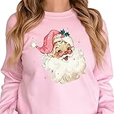 Retro Pink Santa Christmas Sweatshirt, Vintage Santa Sweatshirt for Women Christmas PJs Matching Family Pajamas for Women Holiday Sweater Cute Santa Claus Crewneck