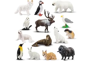 Toymany 14PCS Mini Arctic Animals Figurines Set, Polar Animals Toys with Polar Bear, Caribou, Penguin, Walrus, Wolf Figurines Cake Toppers Birthday Easter Gifts for Preschool Kids