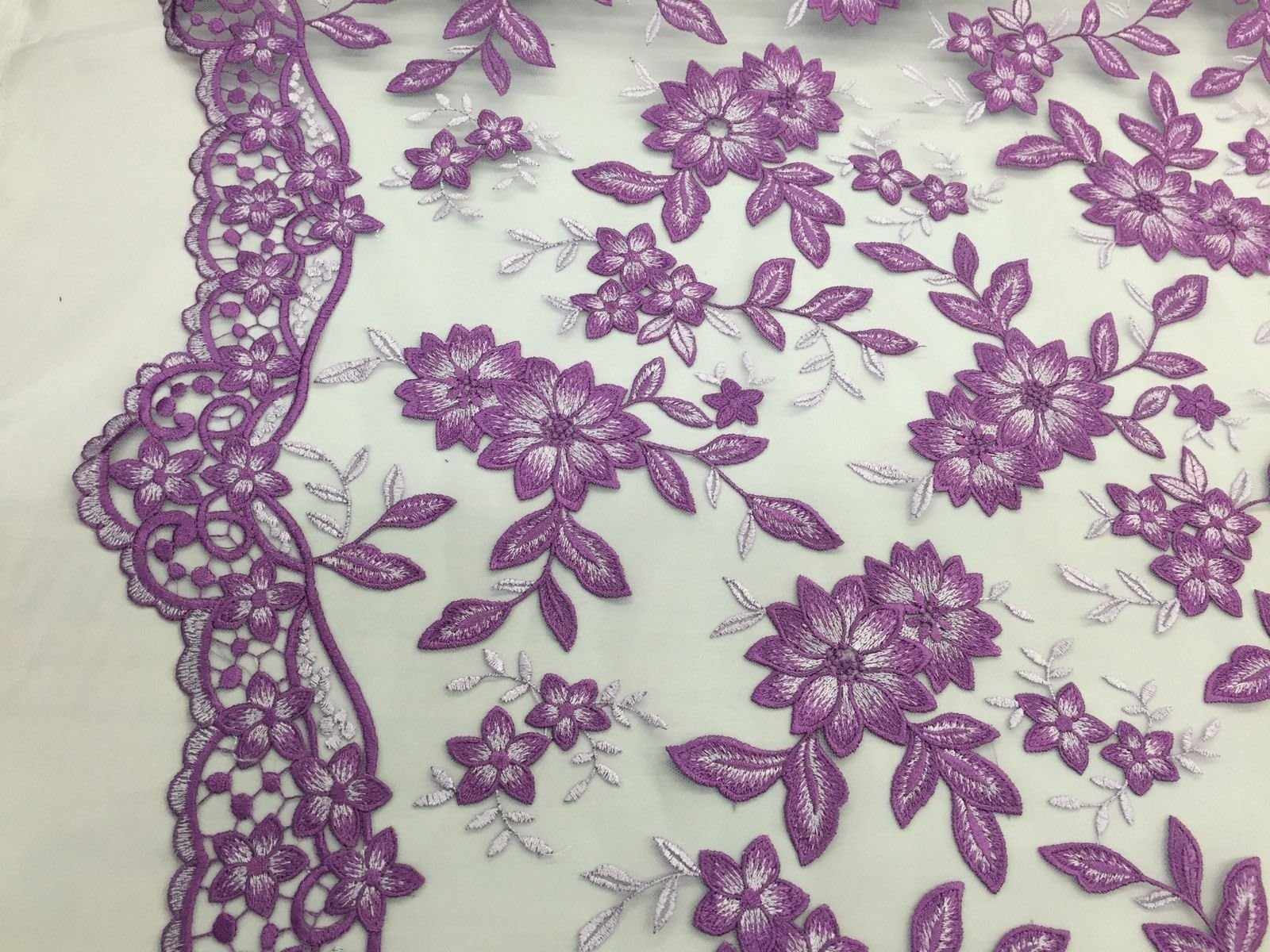 36" x50" Lace Flowers Embroider With Multi color tread On A Mesh Lace Crafts Sewing For Home Décor, Wedding Fabric, Bridal Fabric 1Pcs (Purple/white)