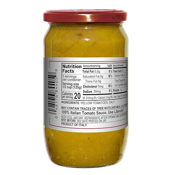 MANTOVA YELLOW TOMATO SAUCE, 24 OZ. (PACK OF 2), PRODUCT OF ITALY, YELLOW TOMATOES, SWEET PULP, LOW ACIDITY AND FEW SEEDS, NO ADDED SUGAR, ARTIFICIAL FLAVORING, COLORING OR PRESERVATIVES, GLUTEN-FREE