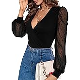Fayenne Womens Tops Deep V Neck Cross Wrap Sexy Tops Polka Dot Mesh Long Sleeve T Shirt Casual Blouses