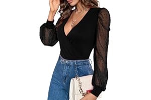 Fayenne Womens Tops Deep V Neck Cross Wrap Sexy Tops Polka Dot Mesh Long Sleeve T Shirt Casual Blouses