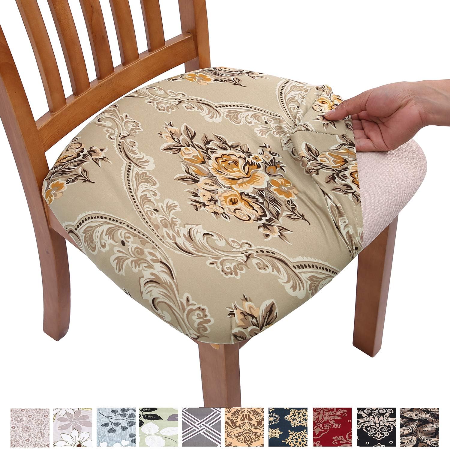 Comqualife Stretch Printed Dining Chair Seat Covers, Removable Washable Anti-Dust Upholstered Chair Seat Cover for Dining Room, Kitchen, Office (Set of 6, Brown)