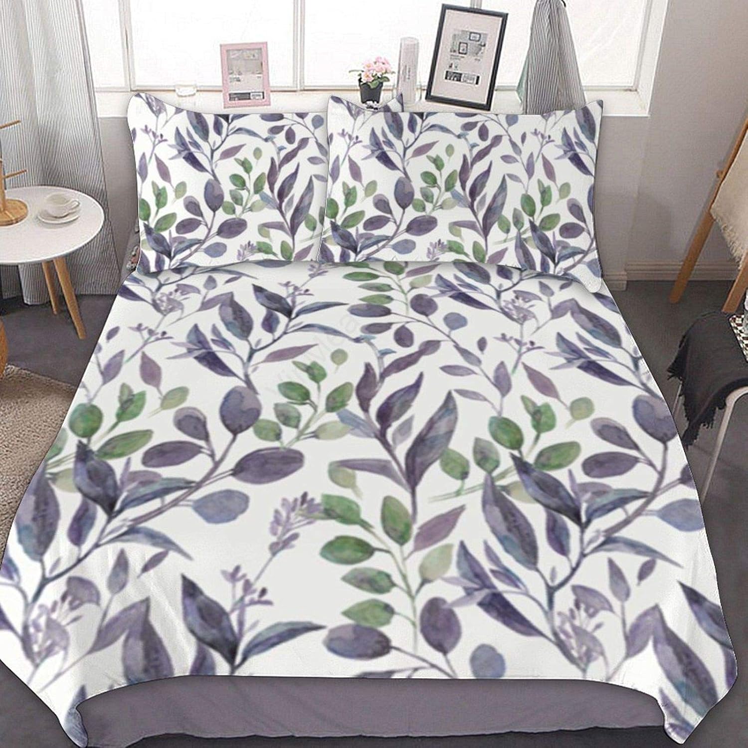 Bedding Set 3 Piece Purple Sage Green Leaves Comforter