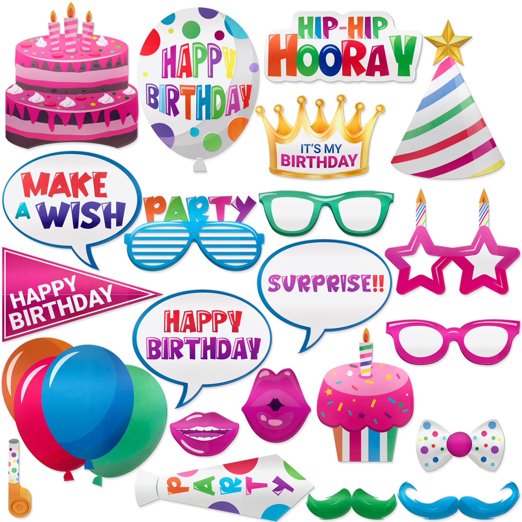 Photo 1 of Premium Birthday Photo Booth Props Kit - 22 pc, Multicolored - Happy Birthday Party Fun Photobooth Selfie Accessories - for Adults & Kids - Funny Photoshoot w/Friends - by PixiPy