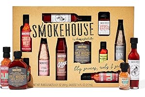 Smokehouse by Thoughtfully, Ultimate BBQ Sampler Set, Vegan and Vegetarian, Includes a Variety of Flavorful USA Made BBQ Sauces, Rubs, and Salts for Smoking and Grilling in Sample Size Glass Bottles