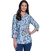 Ali Miles Womens Woven Button Front Wire Collar Three Quarters Sleeves