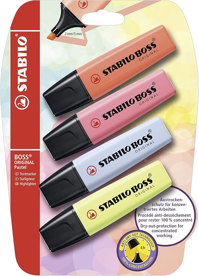Stabilo Boss Original Pastel Highlighters Pack of 4 Coral Red, Cherry