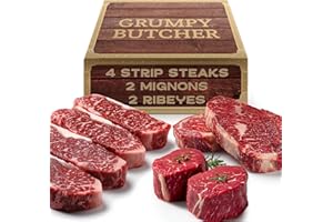 DEN'S HOT DOGS Grumpy Butcher 8 Steaks Premium Set - 4 NY Strips (10 oz), 2 Ribeye Steaks (12 oz), 2 Large Beef Filet Mignon Steaks (8 oz) - Steakhouse Quality Meat Gourmet Gift Basket