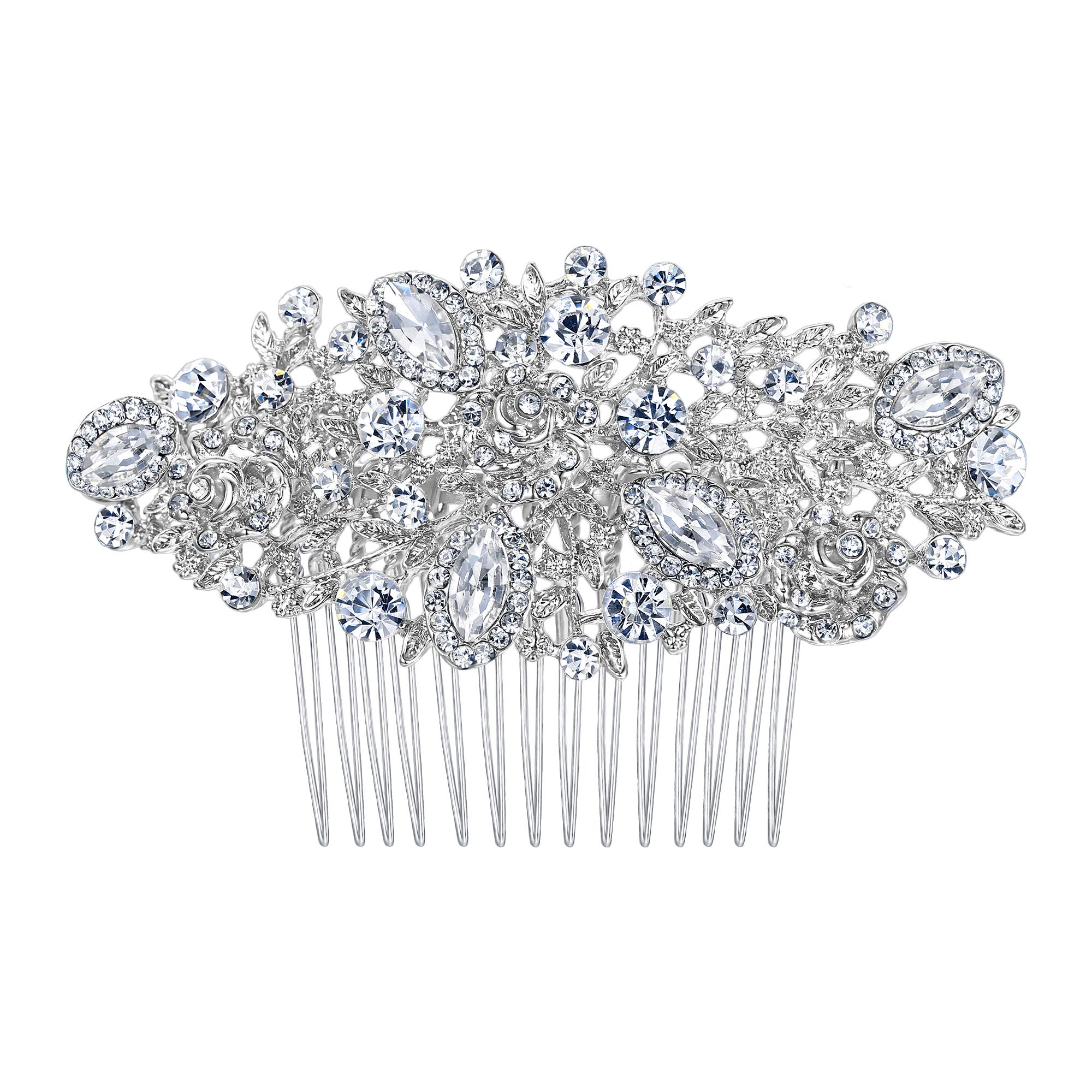 EVER FAITH Women's Austrian Crystal Wedding Floral Flower Leaf Hair Comb Clear Silver-Tone
