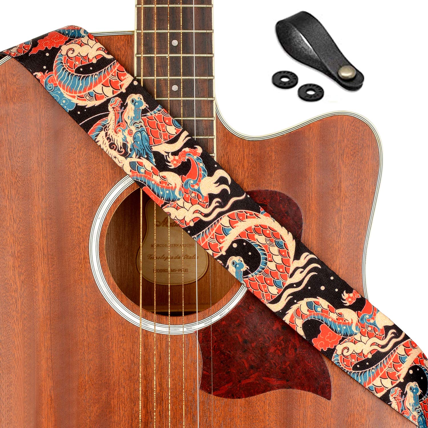 Guitar Strap, Unique"Azure Dragon" Shoulder Strap Includes Strap Button & 2 Strap Locks For Bass, Electric & Acoustic Guitars (Azure Dragon)