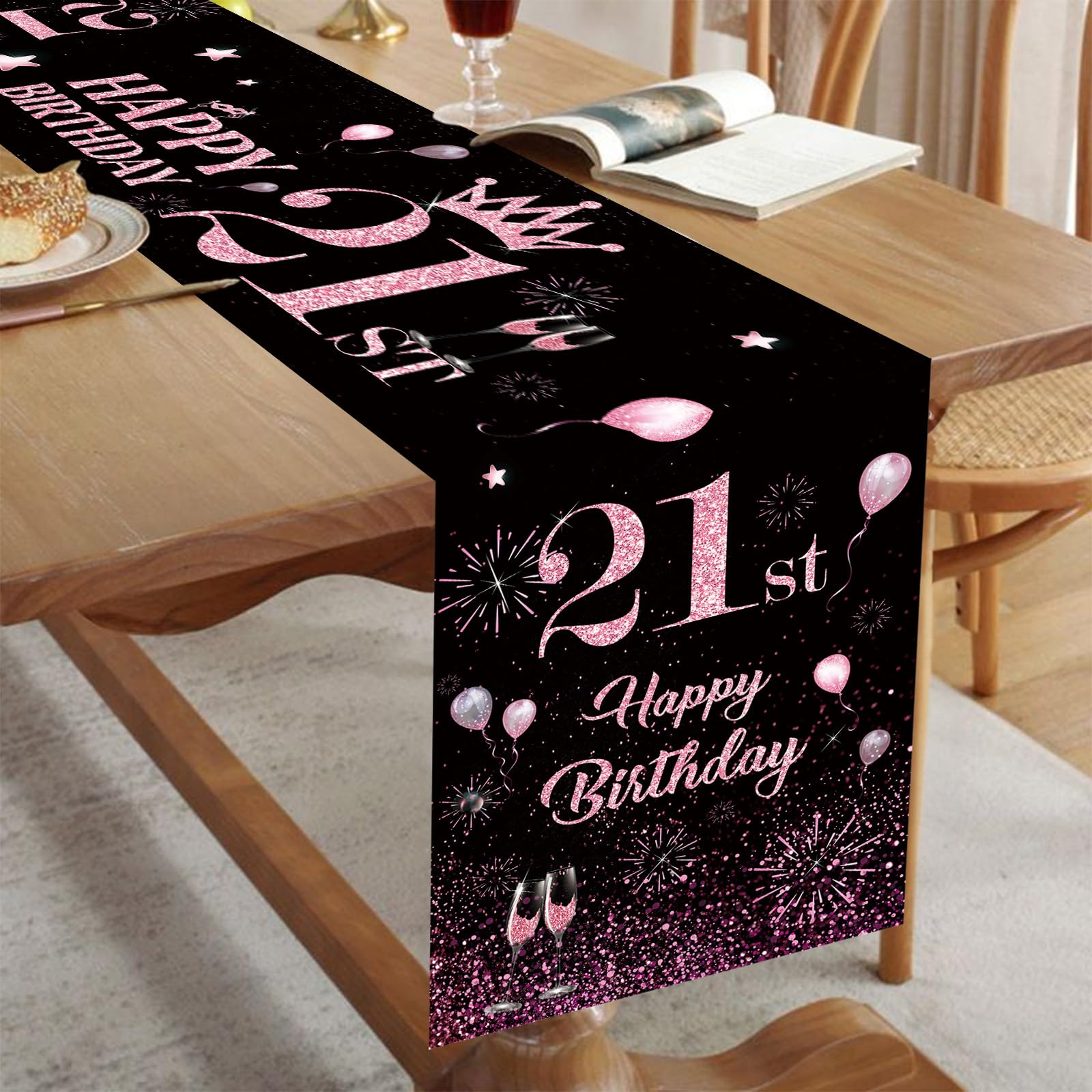 Photo 1 of 21st Birthday Table Runner Black Pink Happy 21st Birthday Table Runner for 21 Years Old Women Girls Her Celebrate Birthday Party Decorations Non-Slip Dining Table Linen Cover Cloth Decor 72 Inch Long