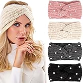 Tihebax 4Pcs Ear Warmers Winter Headbands for Women with Pearls, Knit Winter Headbands Thick & Wide Cold Weather Headbands for Women Cozy Winter Crochet Head Bands