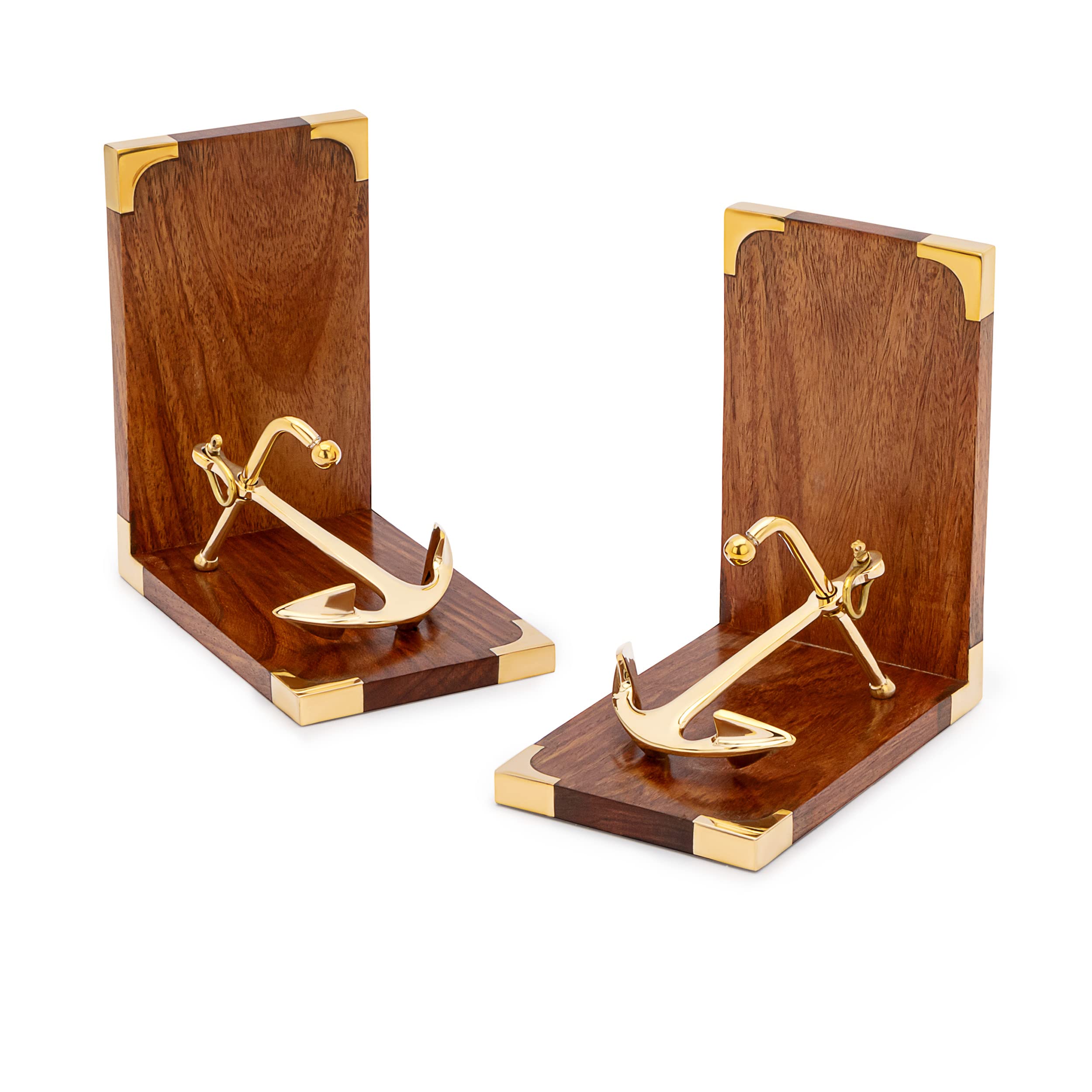 NKlaus 1 Pair of Maritime Anchor Bookends 31 x 10 x 17 cm Made of Brass and Wood – Stylish and Robust Book Holder with Maritime Flair for Your Bookshelf