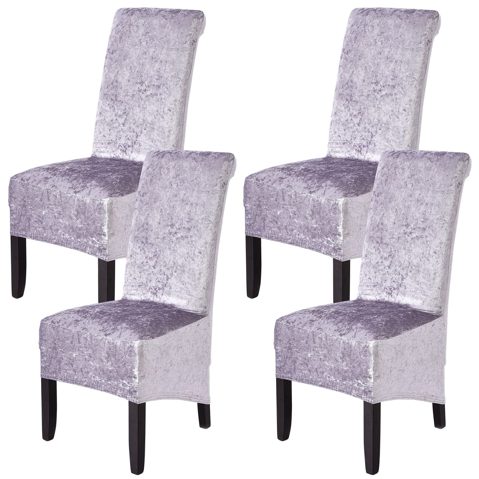 MINGPINHUIUS Dining Chair Covers Set of 4 - Crushed Velvet XL for Chairs 4, Stretch High Back Slipcovers Protector Room Wedding Hotel Banquet Party (Silver Grey)