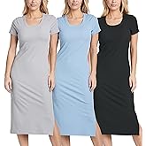 Real Essentials 3 Pack: Women's Ribbed Jersey Crew Neck Short Sleeve Midi Length Dress with Side Slit