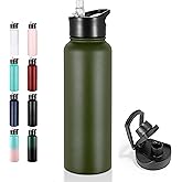 VEGOND 40 oz Insulated Water Bottle Stainless Steel Metal Water Bottles with Leak Proof Straw Lid & Spout Lid, Wide Mouth Double Walled Vacuum Travel Sports Bottle, Army Green