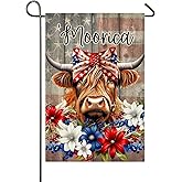 Patriotic Highland Cow Garden Flag for Outside 4th of July Decorations 12x18 Inch Double Sided Moorica Floral American Farm Cow Funny Yard Porch Flag Memorial Day Independence Day Farmhouse Decor